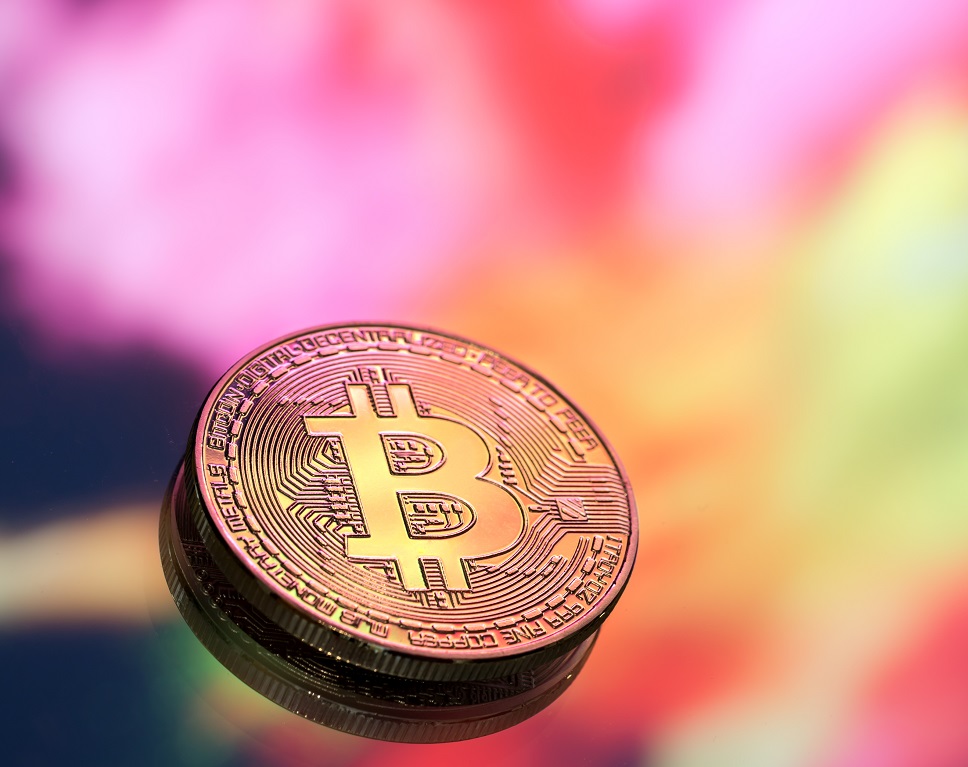 Bitcoin is new concept virtual money colorful background coin with image letter b close up u