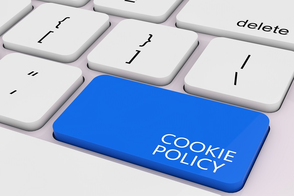 Blue cookie policy key white pc keyboard extreme closeup 3d rendering u
