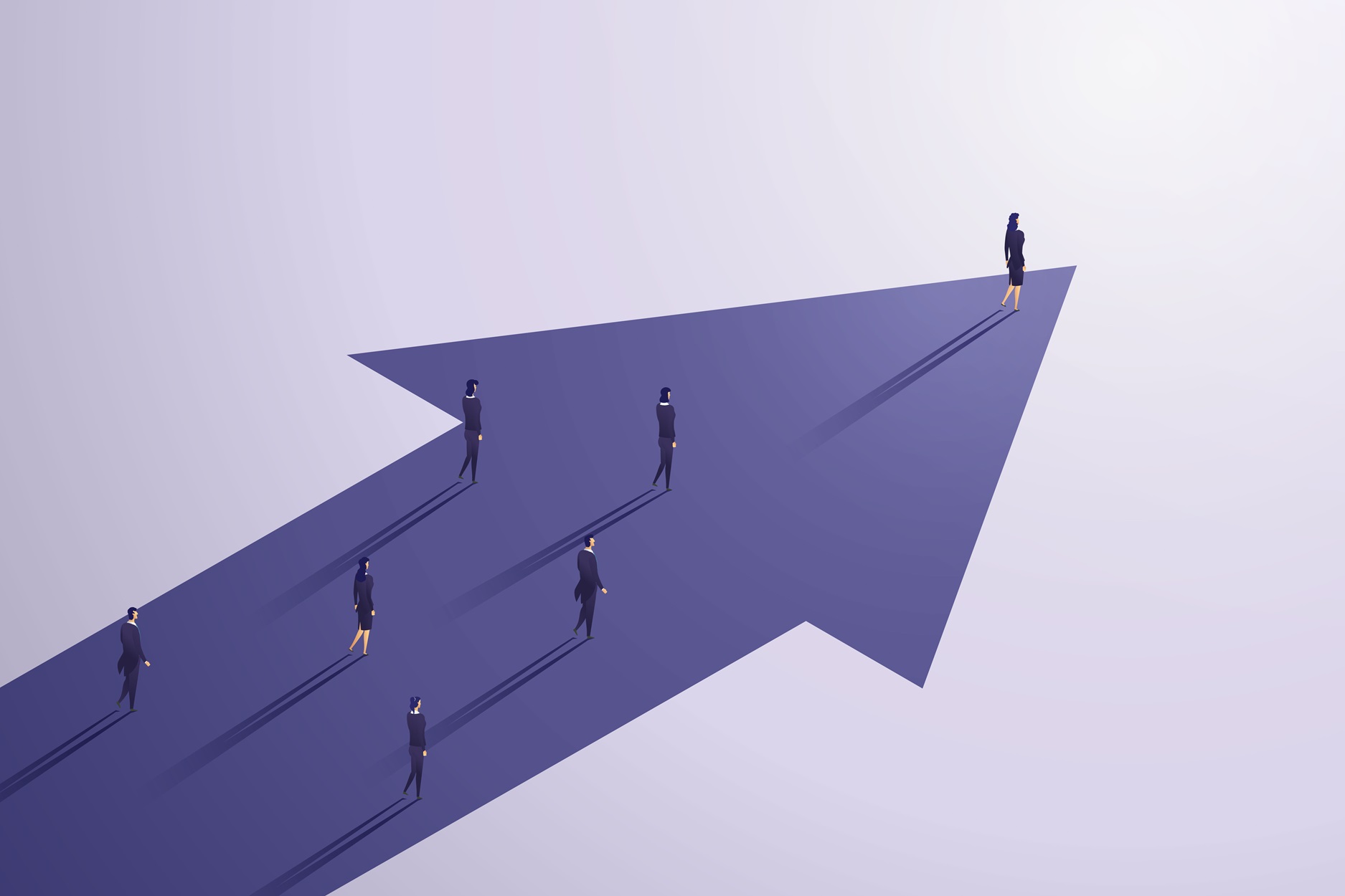 Group of business person walking on an on purple arrow.